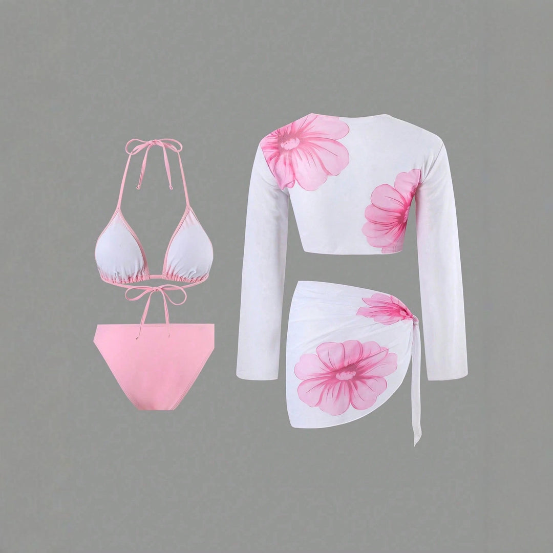 Damen Bikini-Set mit floralem Wickeltuch und langärmliger Oberteile R&B
