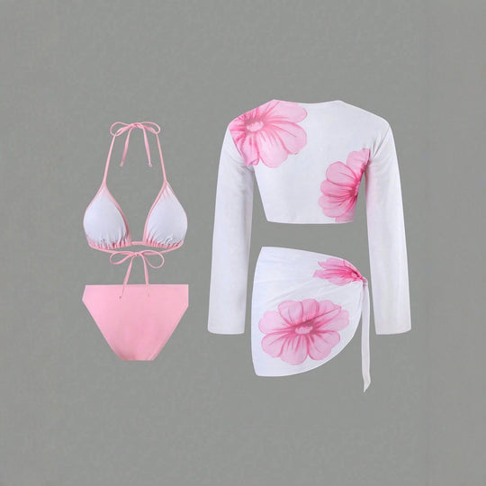 Damen Bikini-Set mit floralem Wickeltuch und langärmliger Oberteile R&B
