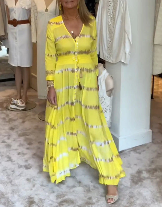 Damen nan fließendes Maxikleid mit V-Ausschnitt, durchgehender Knopfleiste, taillierendem Quastenband und plissiertem Rock R&B