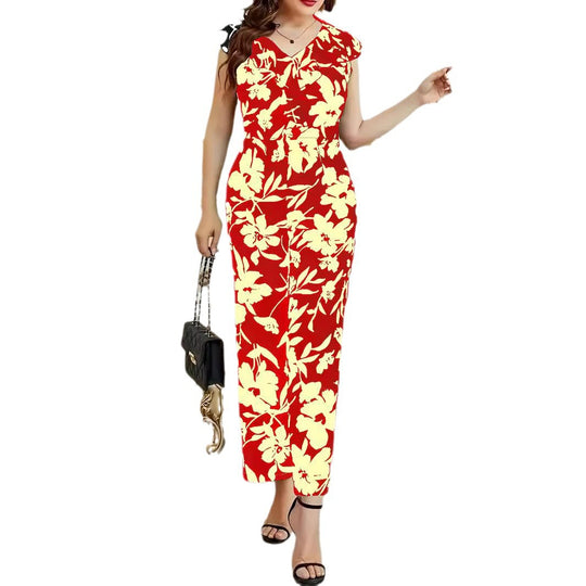 Damen Maxikleid mit floralen Akzenten und elegantem V-Ausschnitt R&B