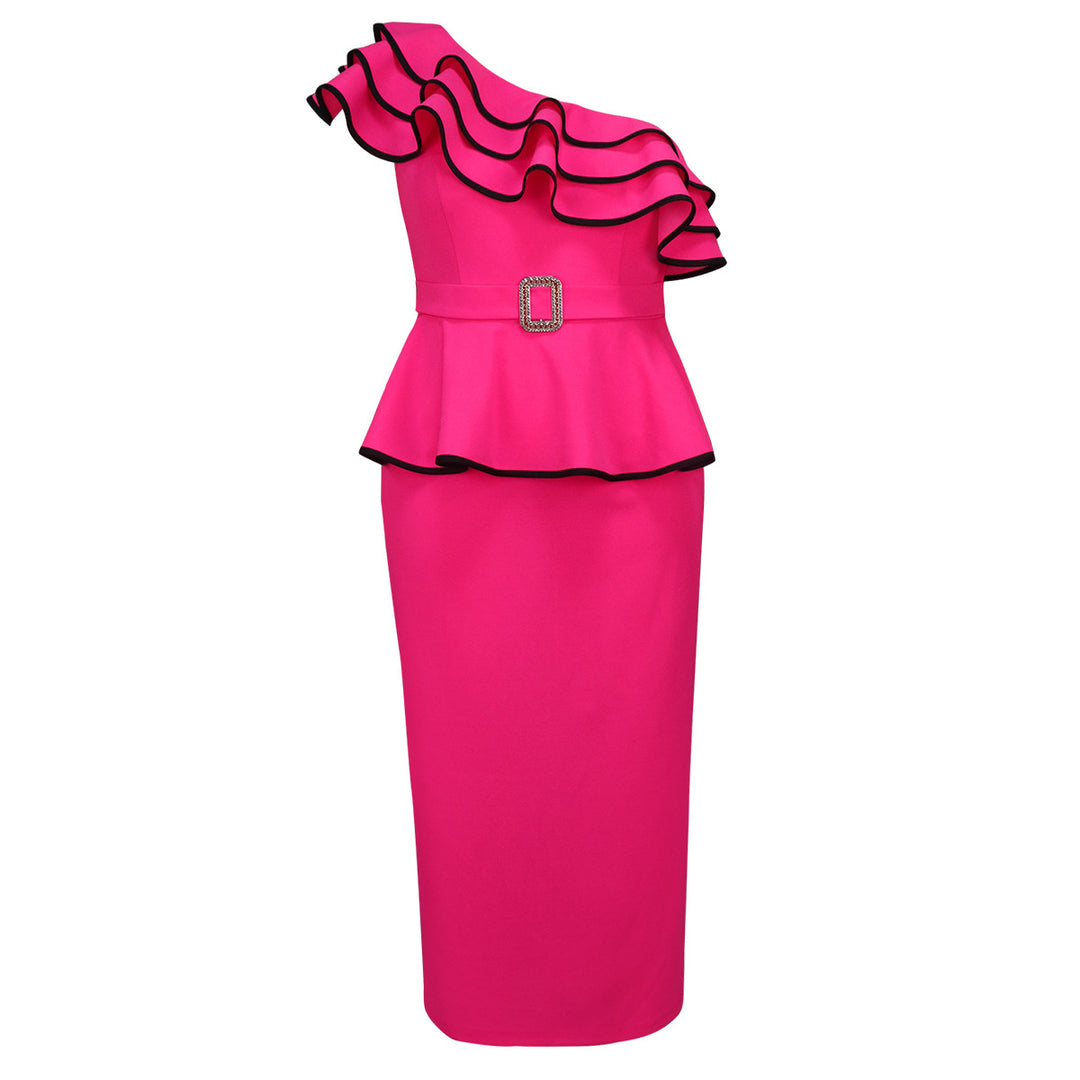 Damen Elegantes Abendkleid mit asymmetrischem Rüschendetail und dekorativem Gürtel R&B