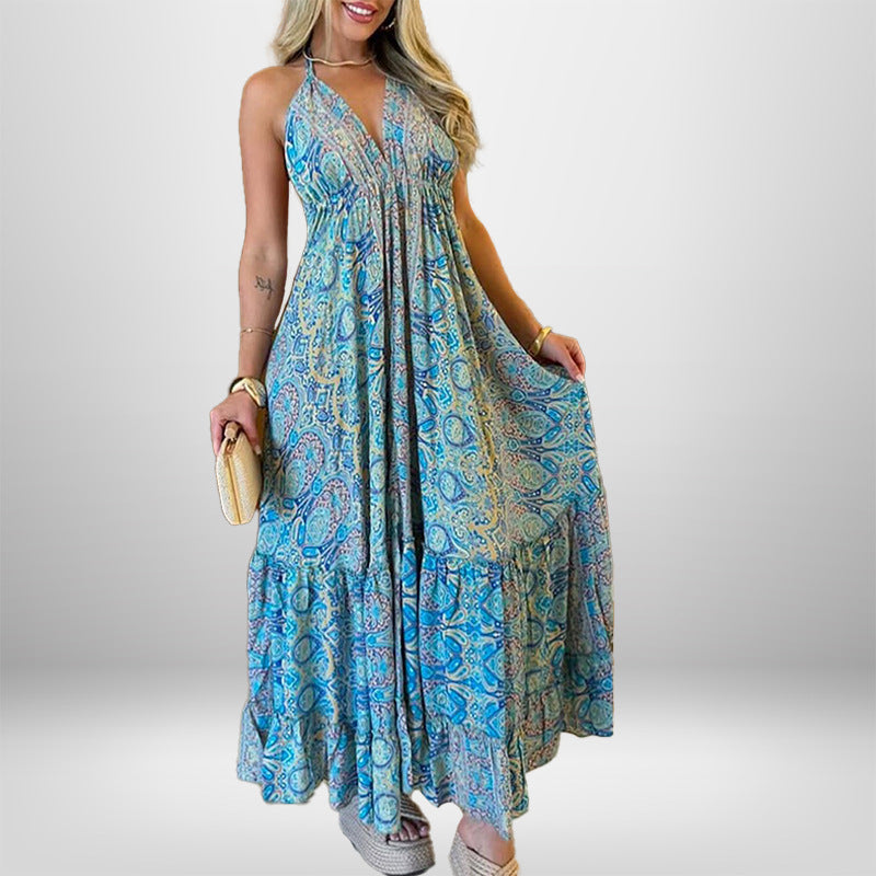 Damen Maxikleid Im Verspielten Boho-Stil mit Tiefem V-Ausschnitt und Schwingendem Rock R&B