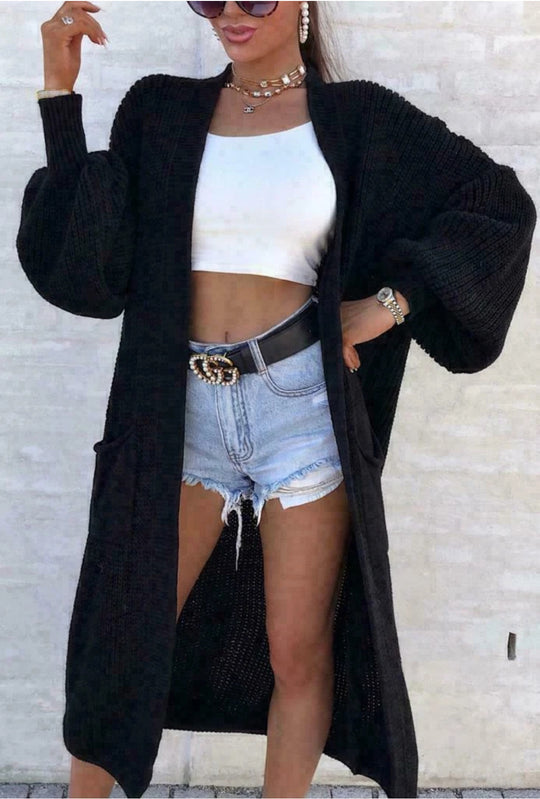 Damen Langer Strickmantel mit oversized Ärmeln und praktischen Taschen R&B