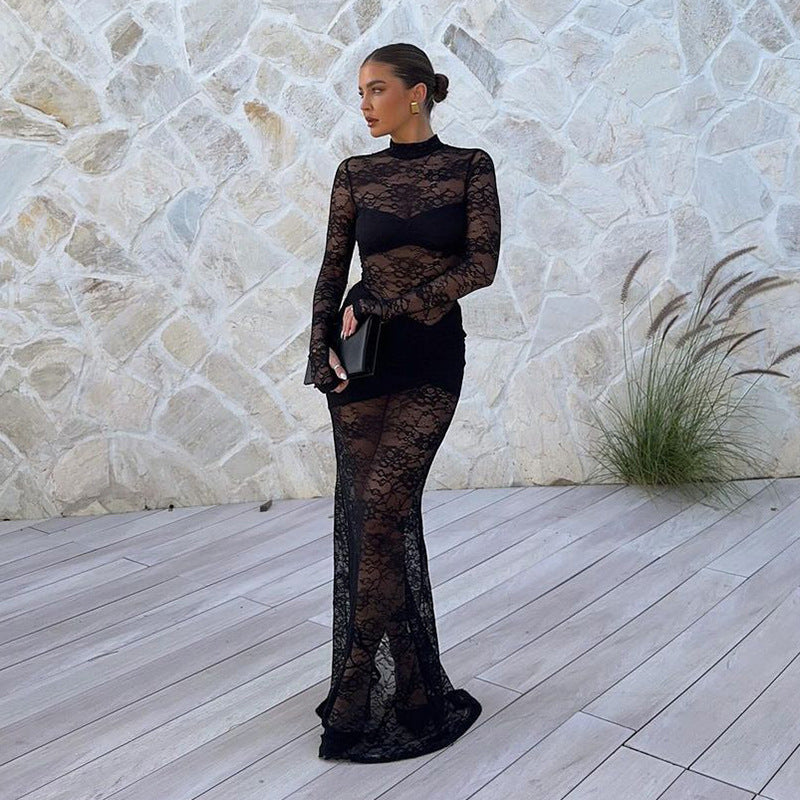 Damen Elegantes Spitzenkleid mit hohem Kragen und langem Ärmel R&B