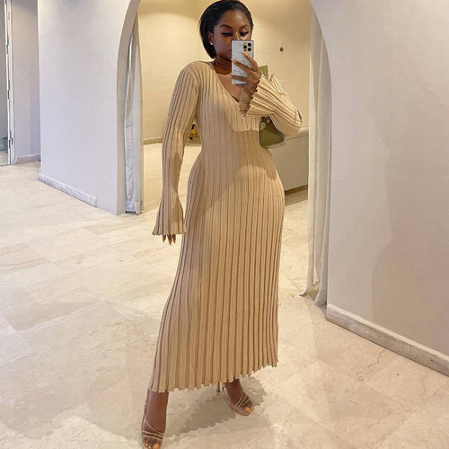Damen Plissiertes Maxikleid mit V-Ausschnitt und langen Ärmeln R&B