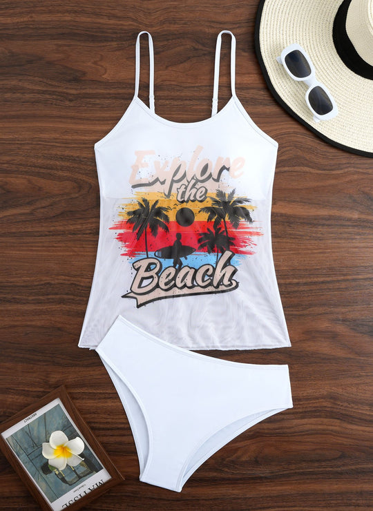 Damen Tankini-Set mit sportlichem Grafikdesign und hoch tailliertem Höschen R&B
