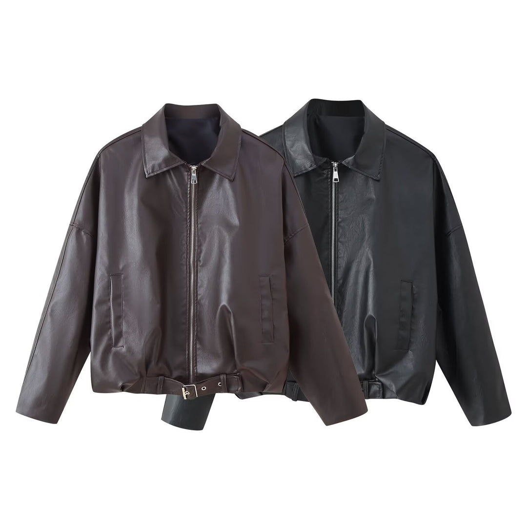 Damen modische Kunstlederjacke mit Taillengürtel R&B
