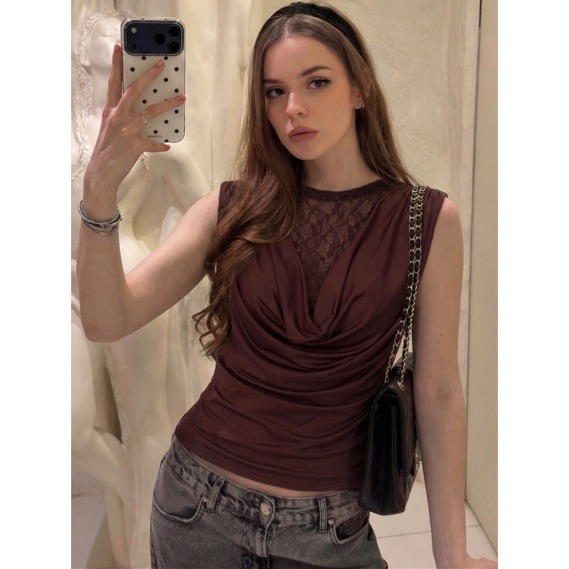 Damen Elegantes Oberteil mit Drapierung und Spitzeneinsatz R&B