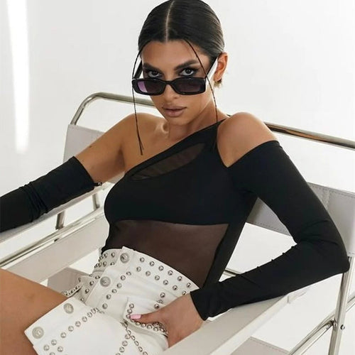Damen Trendy One-Shoulder Body mit transparenten Einsätzen R&B