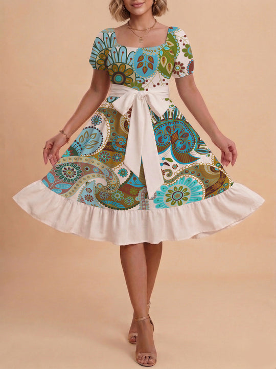 Damen modernes Blumenkleid mit elegantem Taillengürtel und asymmetrischem Saum R&B