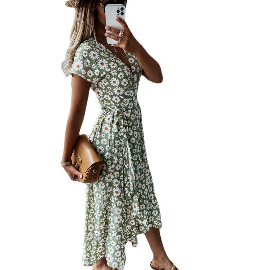 Damen florales Wickelkleid mit kurzem Ärmel und schwingendem Rock R&B