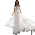 Damen Elegantes Hochzeitskleid mit transparenten Puffärmeln und glitzerndem Oberteil R&B