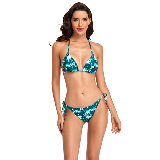 Damen Triangel-Bikini mit seitlichen Bindebändern und modischem Wellenmuster R&B