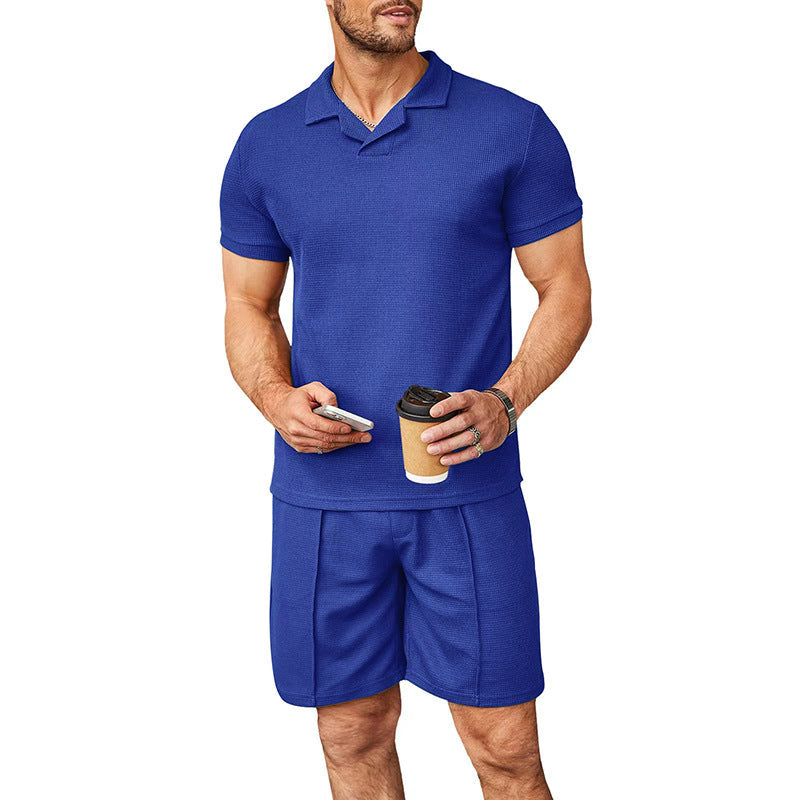 Herren nan zweiteiliges Freizeitset aus strukturierter Baumwollmischung mit Reverspolo und geraden Komfortshorts R&B