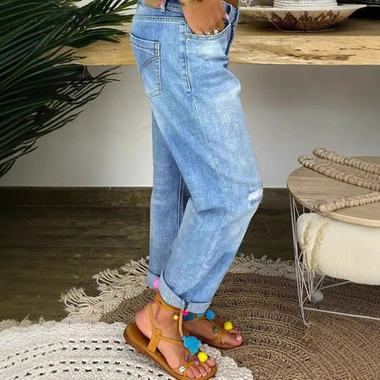Damen Denim-Bundfaltenhose mit Knopfleiste und modischem Destroyed-Effekt R&B