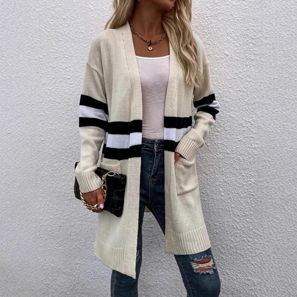 Damen Offene Strickjacke mit modernem Streifenmuster und praktischen Taschen R&B