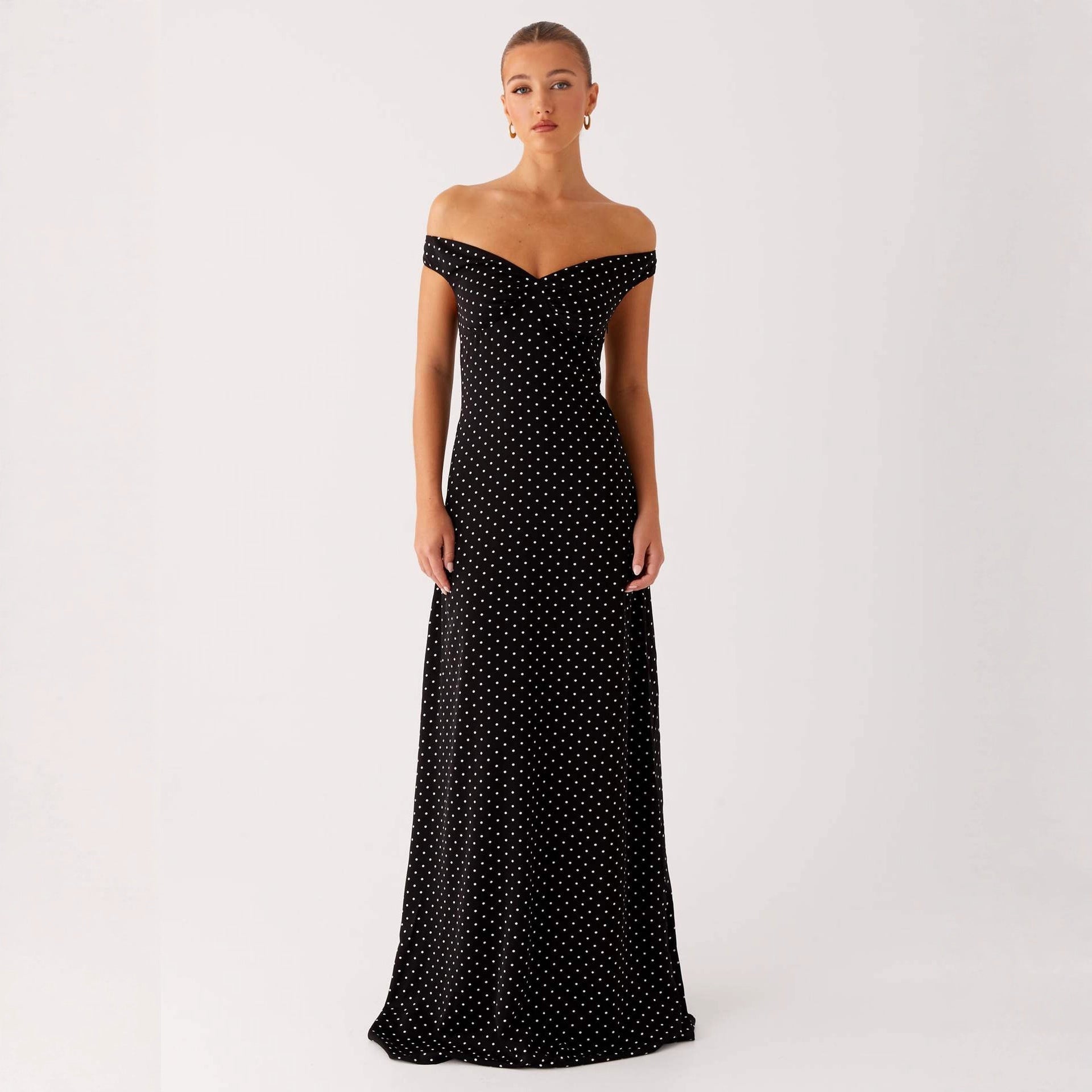 Damen Abendkleid mit Off-Shoulder-Design und elegantem Punktmuster R&B