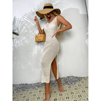 Damen Häkel-Midi-Kleid mit sexy seitlichen Schlitzen und raffiniertem Netzdesign R&B