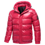 Herren glänzende Winterjacke mit isolierender Kapuze und modernen Steppdetails