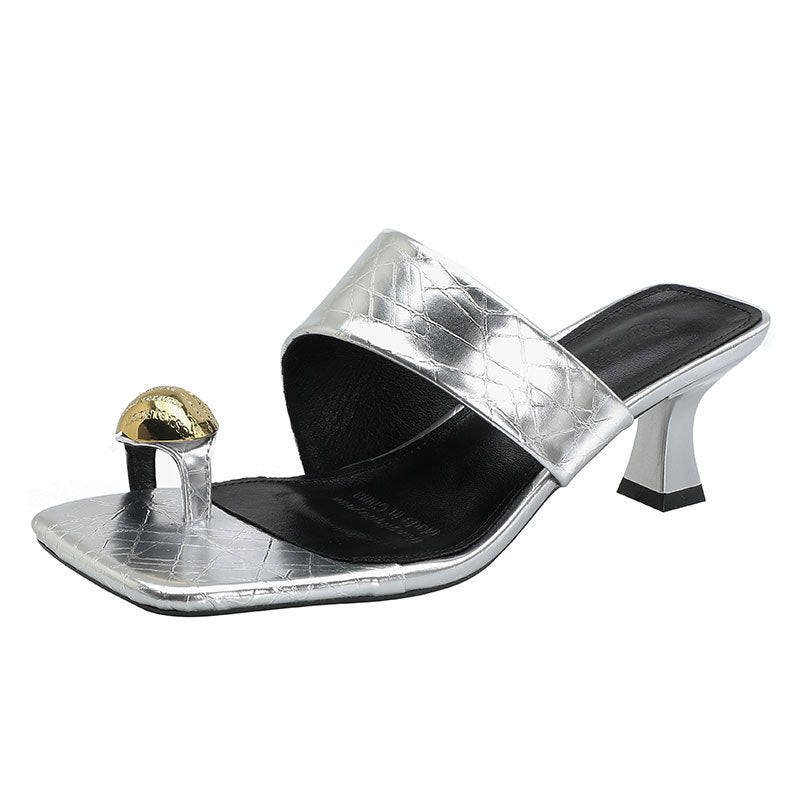 Damen Elegante Slides mit modischem Schlangenleder-Design und dekorativem Schmuck