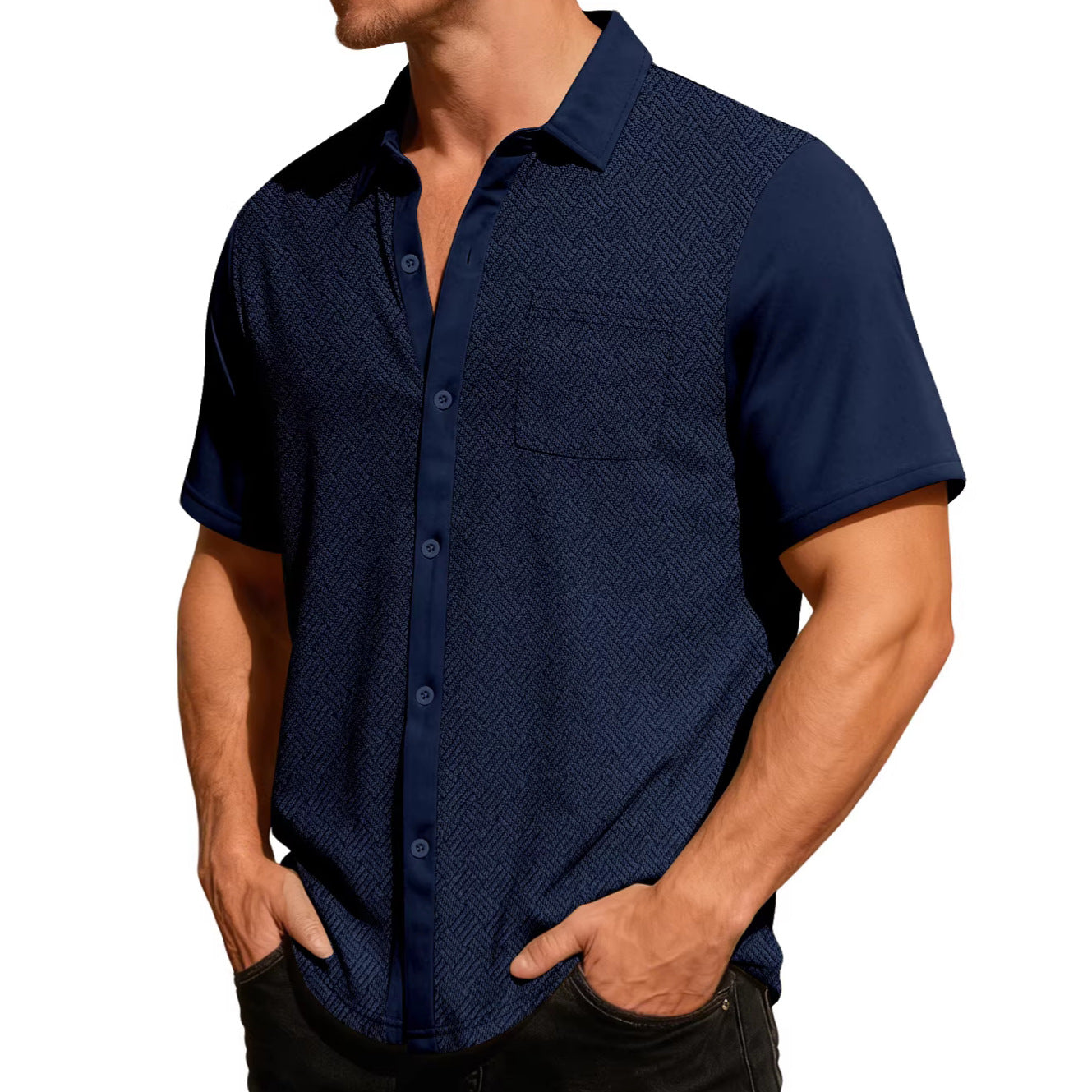 Herren nan legeres Kurzarmhemd mit Jacquardstruktur, kontrastierter Knopfleiste und Brusttasche R&B