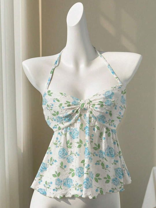Damen romantisches Strandtop mit floralem Design und verspieltem Knoten R&B