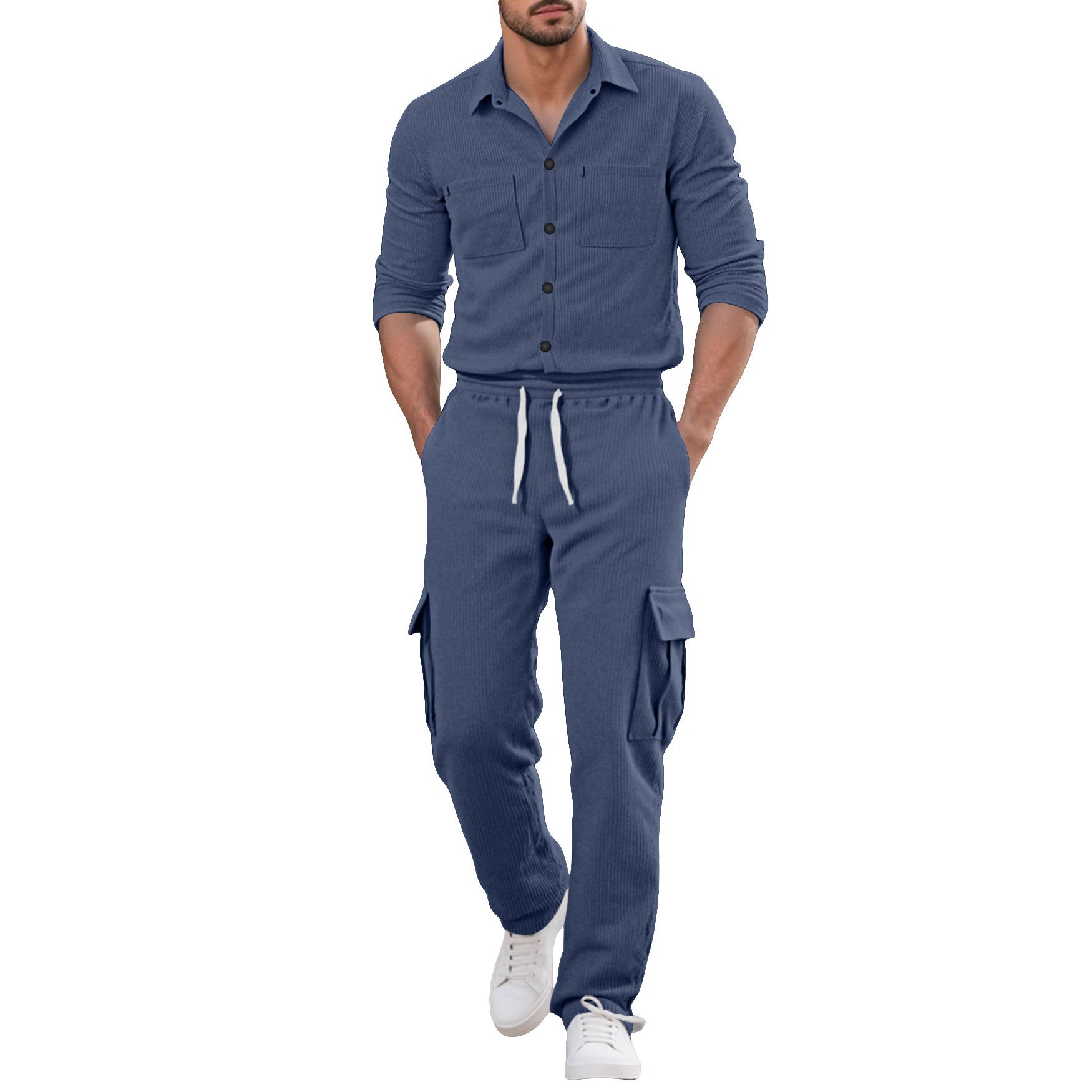 Herren nan geripptes Worker-Hemd mit Brusttaschen und entspannter Cargohose R&B
