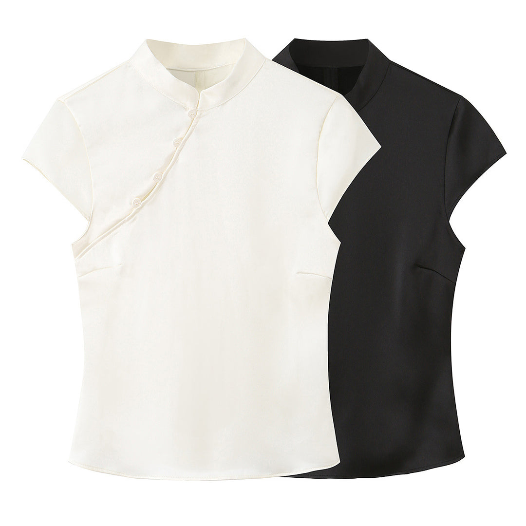 Damen elegantes Oberteil mit asymmetrischem Kragen und Knopfdetails R&B