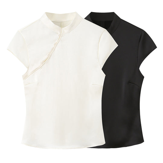 Damen elegantes Oberteil mit asymmetrischem Kragen und Knopfdetails R&B