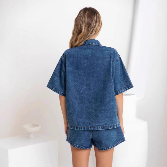 Damen Denim-Hemd und Shorts-Set im modischen Stil R&B