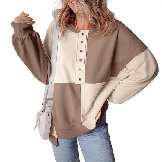 Damen lässiger Kapuzenpullover mit Knopfdetails und Farbblockdesign R&B