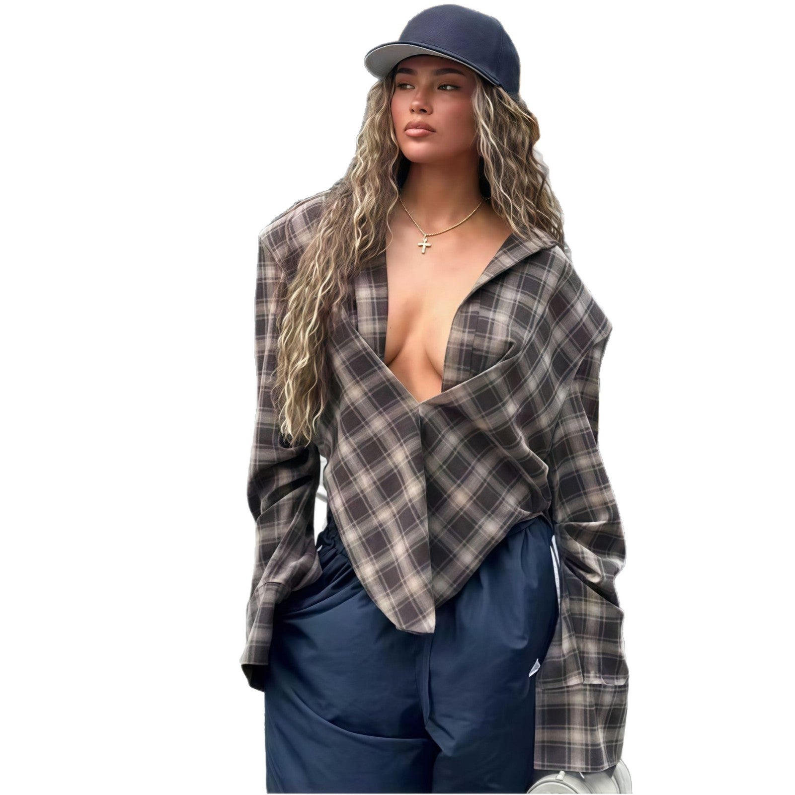 Damen Oversized Karo-Hemdbluse mit tiefem V-Ausschnitt und lässigem Schnitt R&B