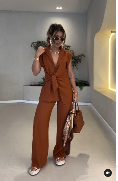 Damen lässiges Oversized-Hemd mit Bindegürtel und weiten Hosen R&B