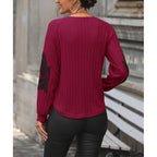 Damen V-Ausschnitt Pullover mit eleganten Spitzenärmeln und Rippstruktur R&B