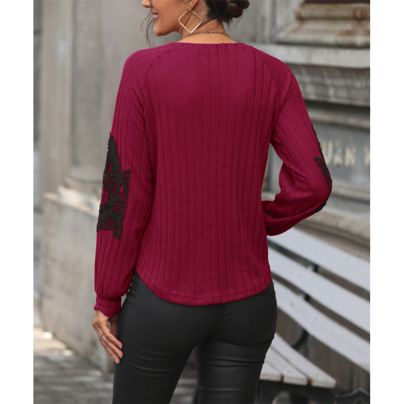 Damen V-Ausschnitt Pullover mit eleganten Spitzenärmeln und Rippstruktur R&B