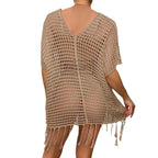 Damen Häkel-Strandtunika mit Fransen und transparentem Design R&B