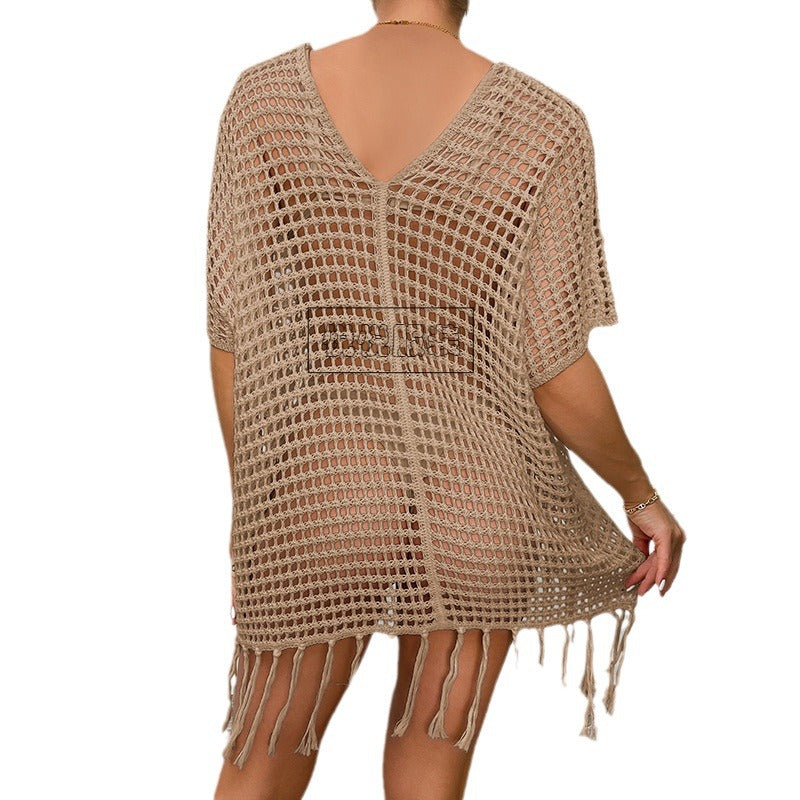 Damen Häkel-Strandtunika mit Fransen und transparentem Design R&B
