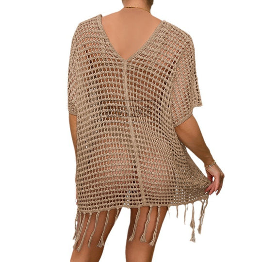 Damen Häkel-Strandtunika mit Fransen und transparentem Design R&B