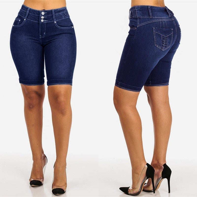Damen Jeans-Shorts mit hohem Taillenbund und modischen Knopfdetails R&B