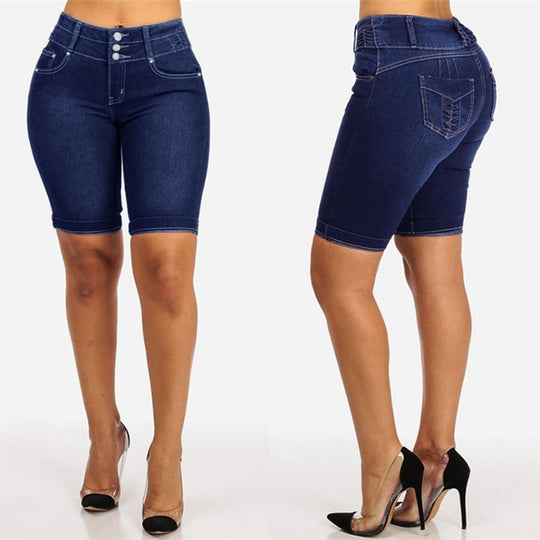 Damen Jeans-Shorts mit hohem Taillenbund und modischen Knopfdetails R&B