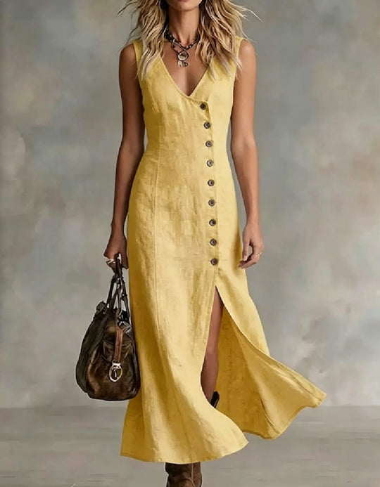 Damen Maxikleid mit elegantem V-Ausschnitt und seitlichem Schlitz R&B