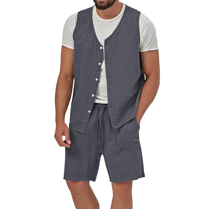 Herren nan zweiteiliges Freizeit-Set mit ärmelloser Knopfweste und weiten Kordelzug-Shorts mit aufgesetzten Taschen R&B