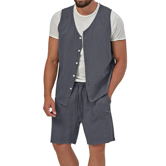 Herren nan zweiteiliges Freizeit-Set mit ärmelloser Knopfweste und weiten Kordelzug-Shorts mit aufgesetzten Taschen R&B