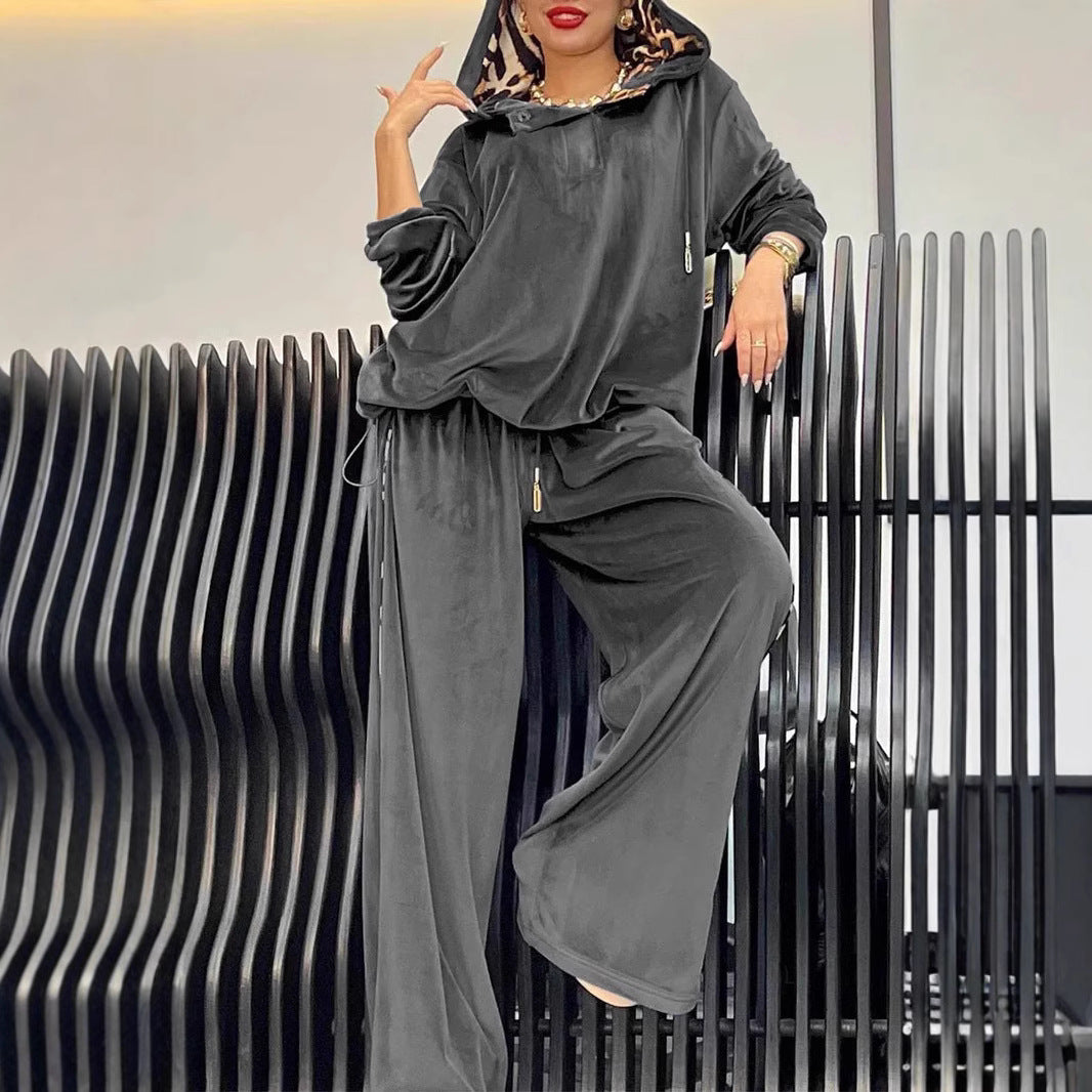 Damen Sportliches Loungewear-Set aus weichem Velours mit Kapuze R&B