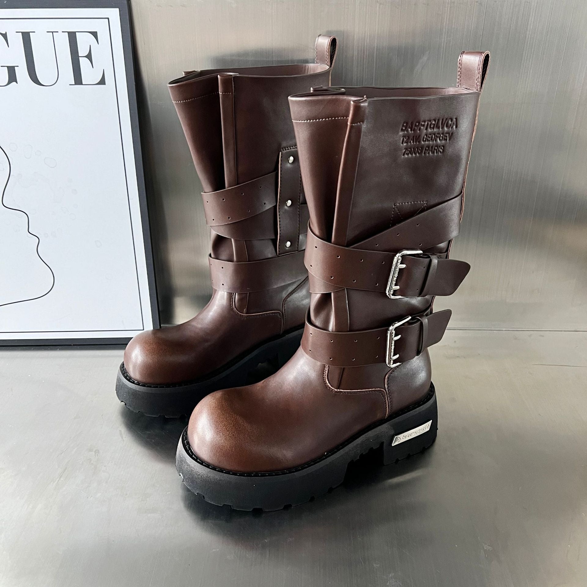 Damen Modische Biker-Stiefel mit robustem Profil und verstellbaren Schnallen R&B