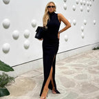 Damen Figurbetontes Maxikleid mit Stehkragen und geschmeidigem Rüschen-Design R&B