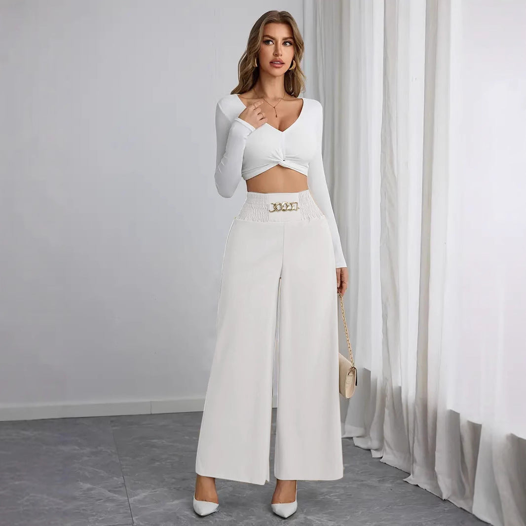 Damen Weite High-Waist Hose mit dekorativem Gummizug und modischem Gürtel