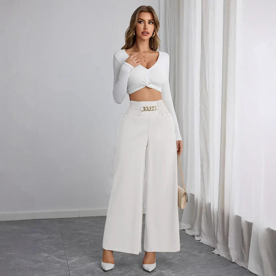 Damen Weite High-Waist Hose mit dekorativem Gummizug und modischem Gürtel R&B