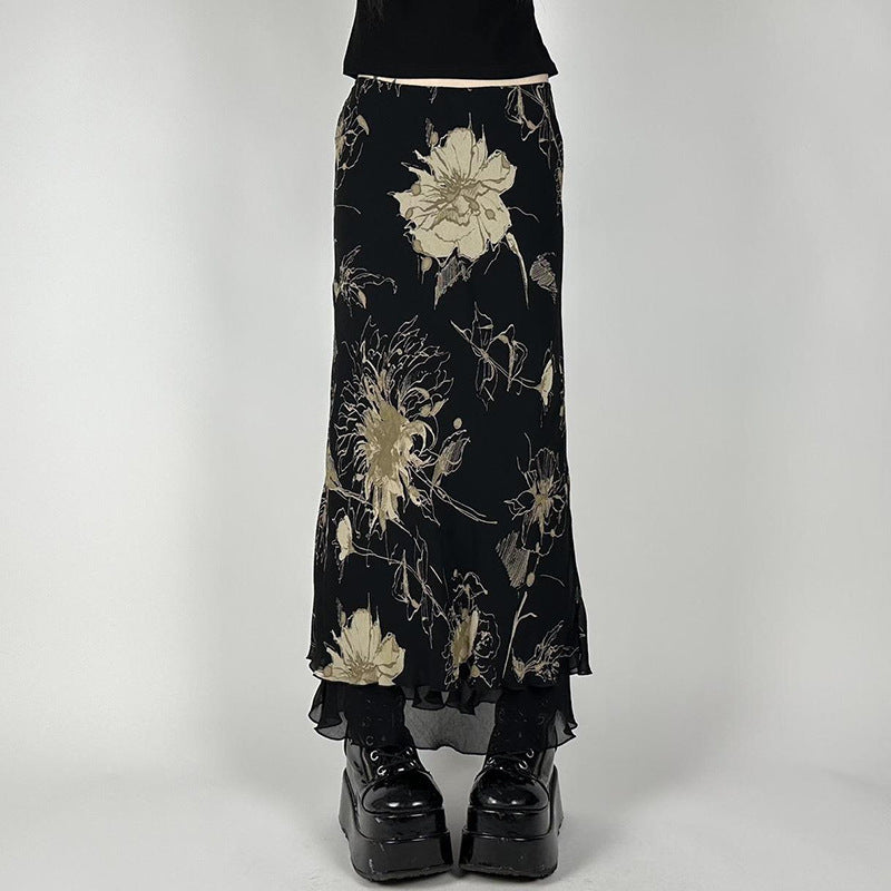 Damen Eleganter Maxirock mit floralem Muster und transparentem Untergrund R&B