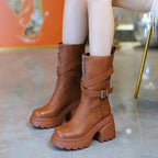 Damen Stilvolle Stiefeletten mit hohen Blockabsätzen und modischem Riemendesign